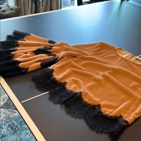 Alice + Olivia tan velvet and black lace Asymmetrical Bell Sleeve Blouse - Picture 5 of 10